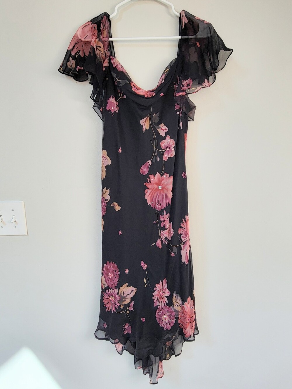 Robbie Bee Black Silk Dress Women Size 10P Fairy Whimsigoth Floral Y2K Romantic